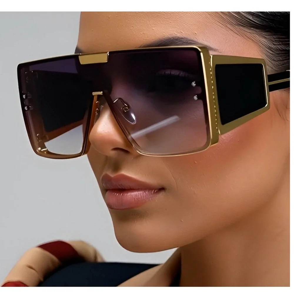 Shield Sunglasses Gold Frame Oversized Fashion Designer Sun Glasses Trendy Gafas